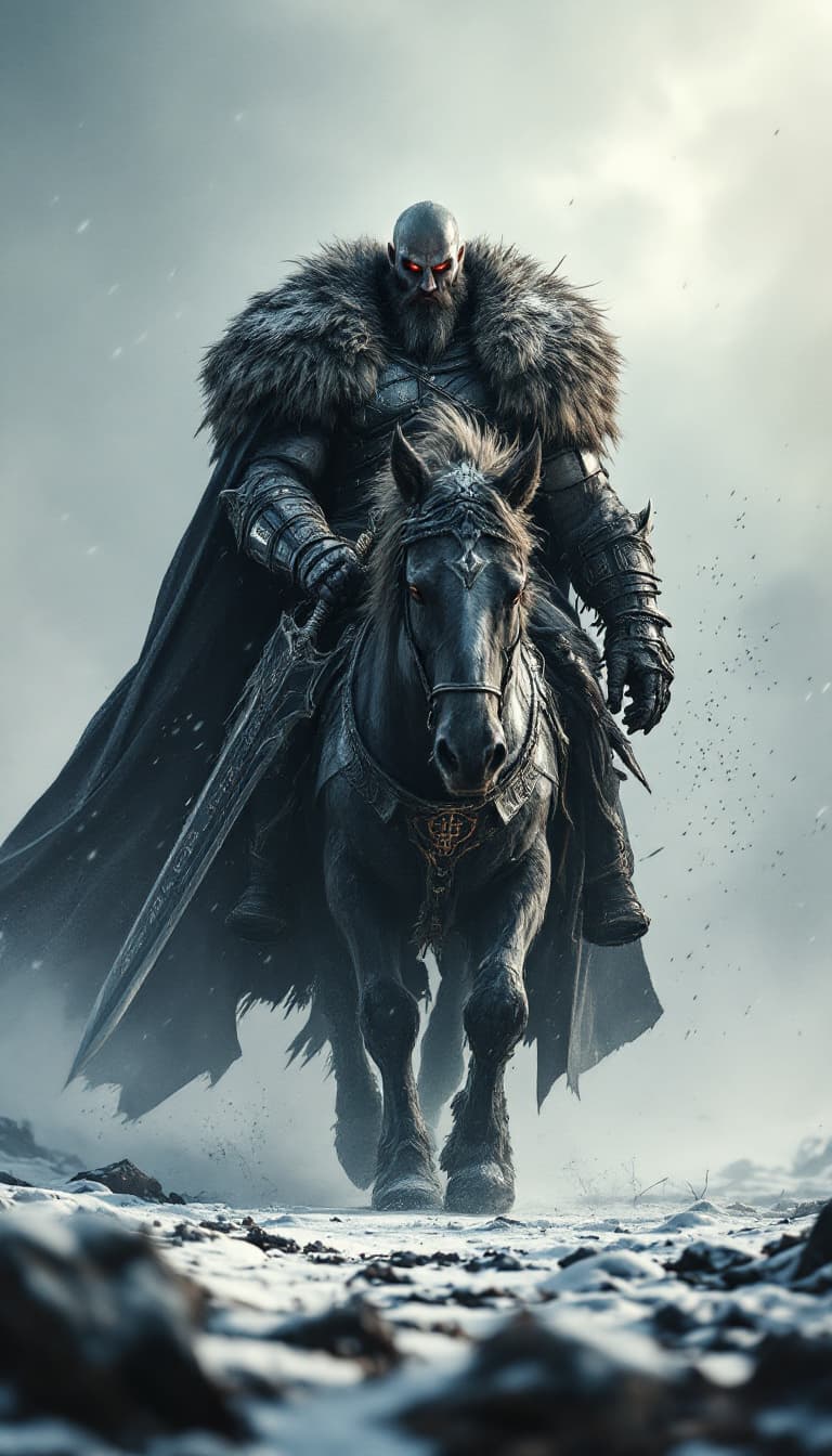 AI generated: An ultra-realistic, zoomed out, front facing full-body portrait of a towering Berserker, his fur-lin...