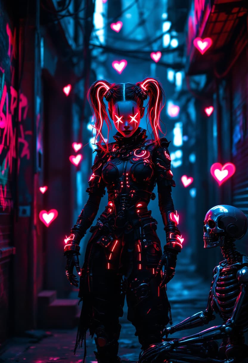 AI generated: Cyberpunk clown-inspired humanoid character with glowing red face markings and neon pigtail extensio...