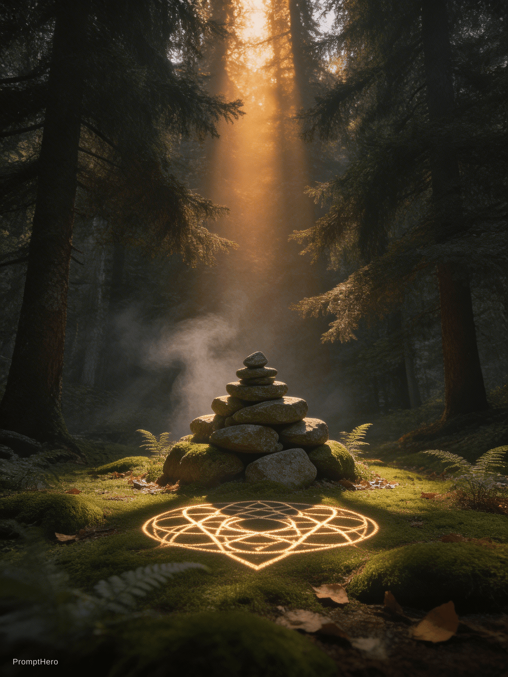 AI generated: Ancient pile of stones in deep forest at dawn, single shaft of warm light breaking through canopy, c...