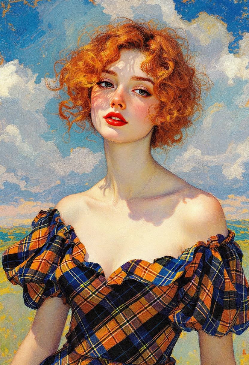 AI generated: Portrait of a young musician in an off-the-shoulder plaid dress, Art Nouveau, Neo-Impressionism, Cha...