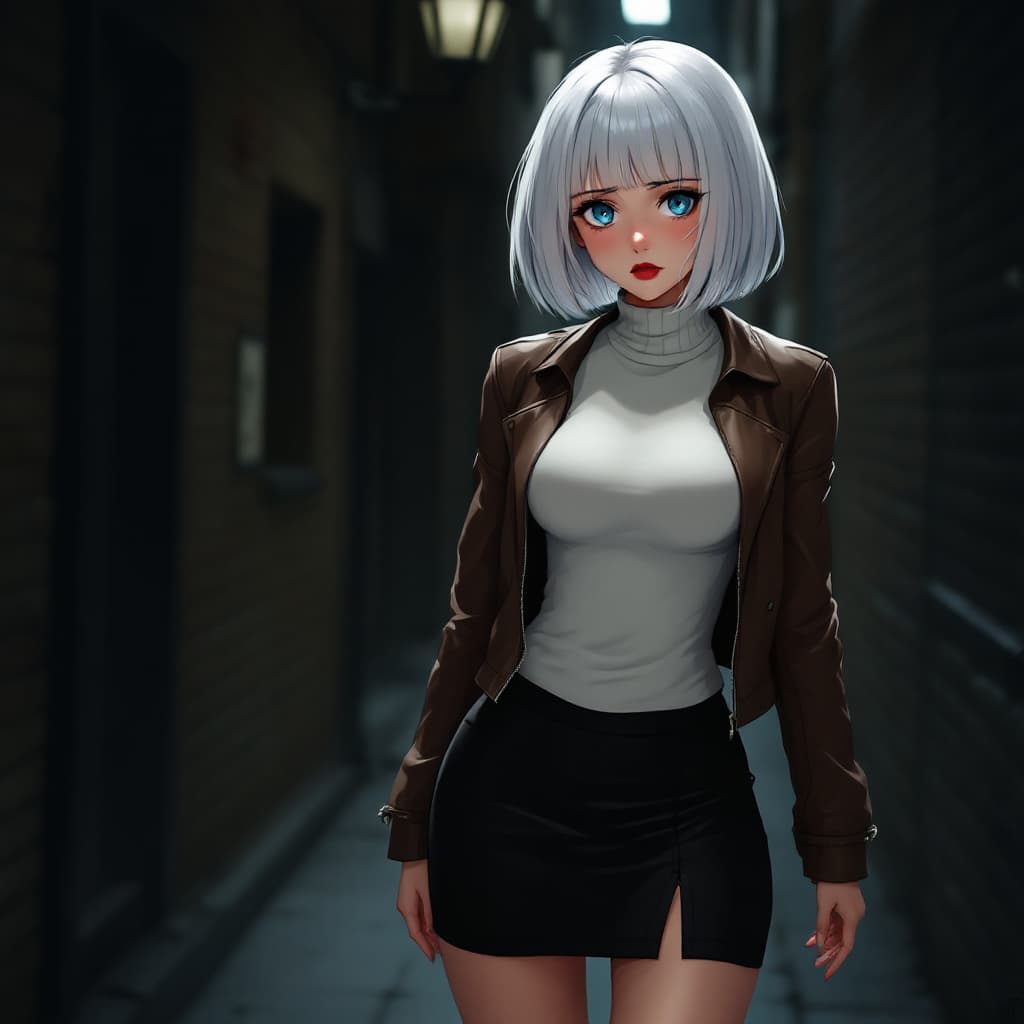 AI generated: anime, woman, white hair, bob cut, straight bangs, blue eyes, freckles, red lips, white sweater, tig...