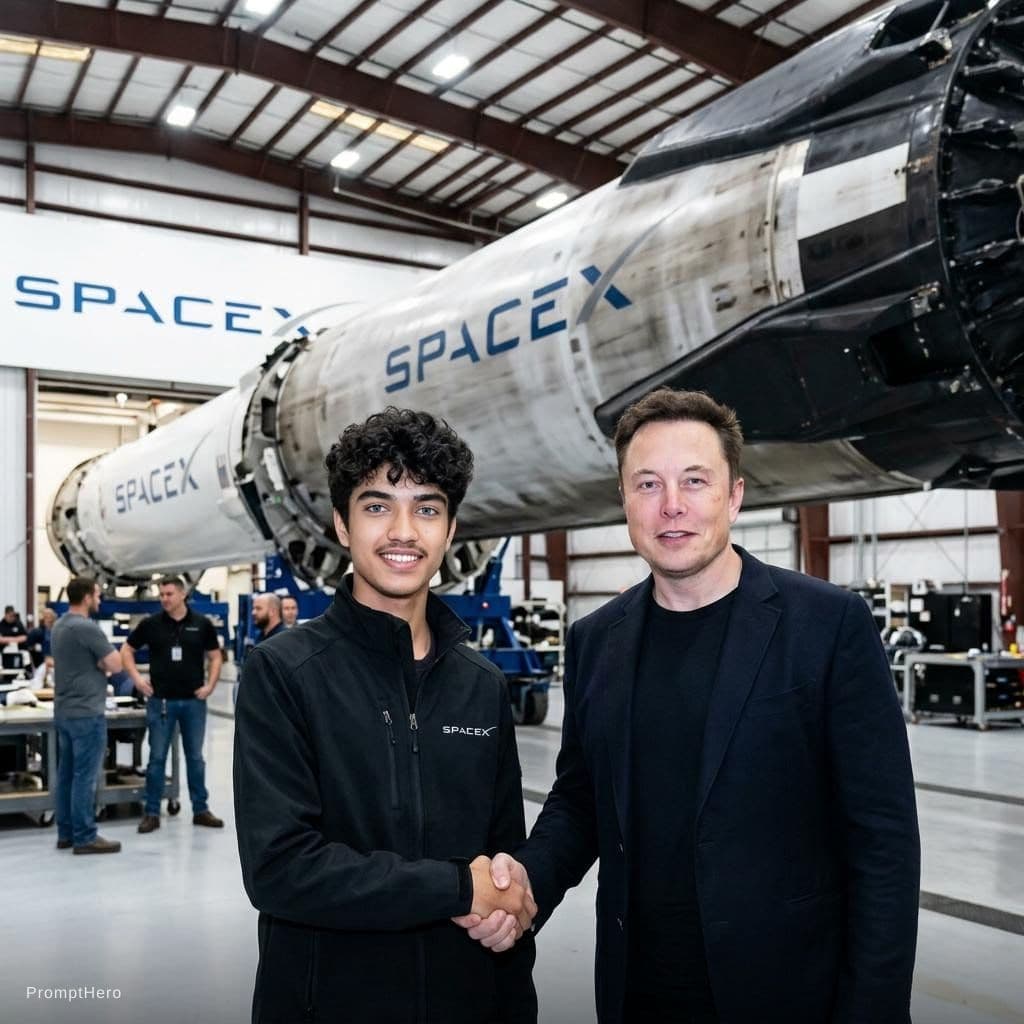 AI generated: with Elon Musk in front of a SpaceX rocket, professional setting, 