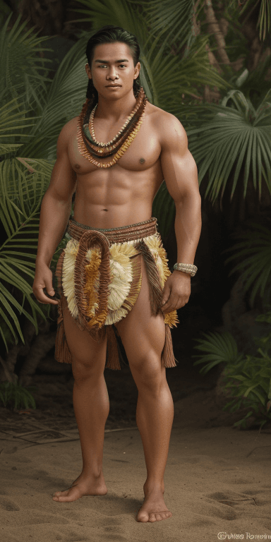 AI generated: hawaiian native, man, young, hawaiian outfit, fit, show feet, show mid, standing, male, handsome, mu...