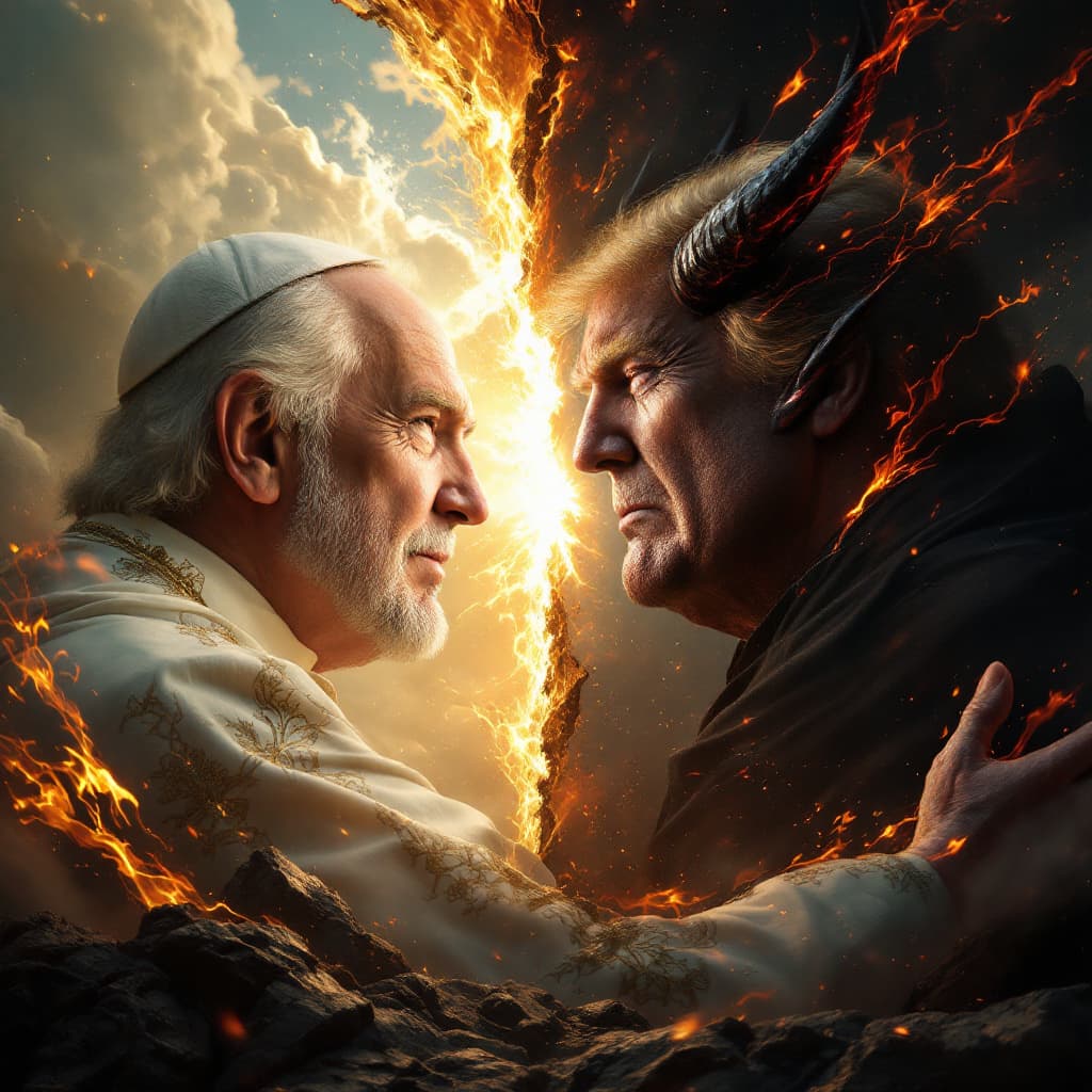 AI generated: DC-Illu, A cinematic masterpiece rendered in 8k octane, showcasing a timeless conflict: a divine Jes...
