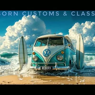 AI generated video: clouds gently passing by above the vw bus and waves lapping up onto the shore