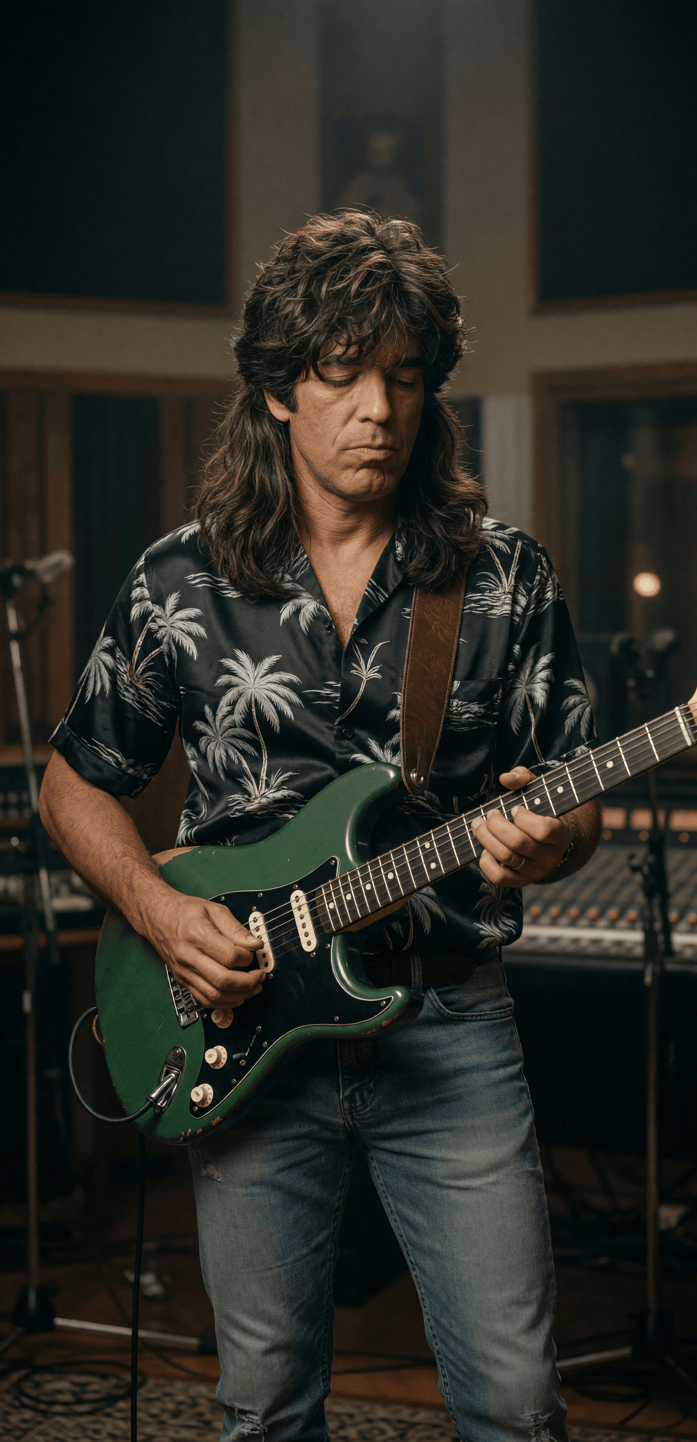 AI generated: Rock guitar player wearing a black, satin Hawaiian style shirt sleeved shirt, with light grey palm t...