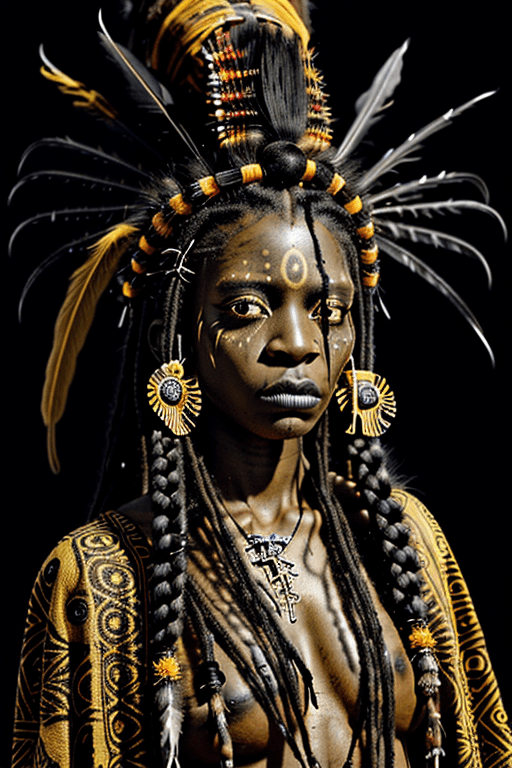 AI generated: Realistic beautiful youthful Voodoo priestess, intense expression, voodoo headdress with feathers an...