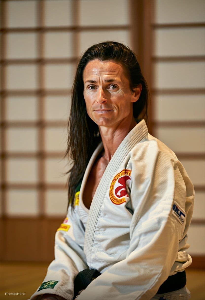 AI generated: Wearing a fully loosened Brazilian Jiu-Jitsu gi (kimono)  black belt untied  The gi falls open natur...