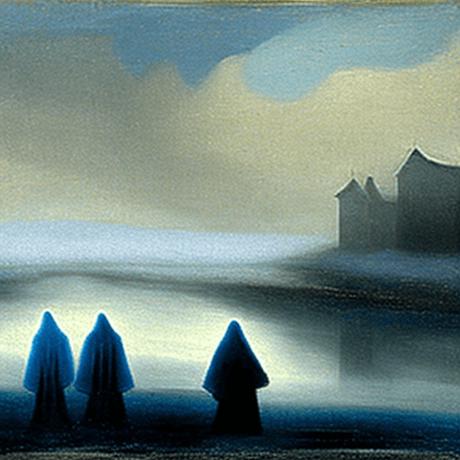 AI generated: A winter landscape with a serene, blue-toned sea partially covered by fog. In the foreground, three ...