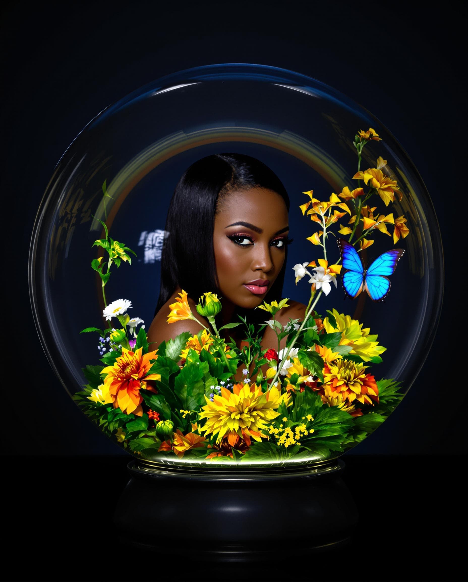 AI generated: A beautiful woman-like figure is encased within a clear sphere filled with vibrant flowers and a but...