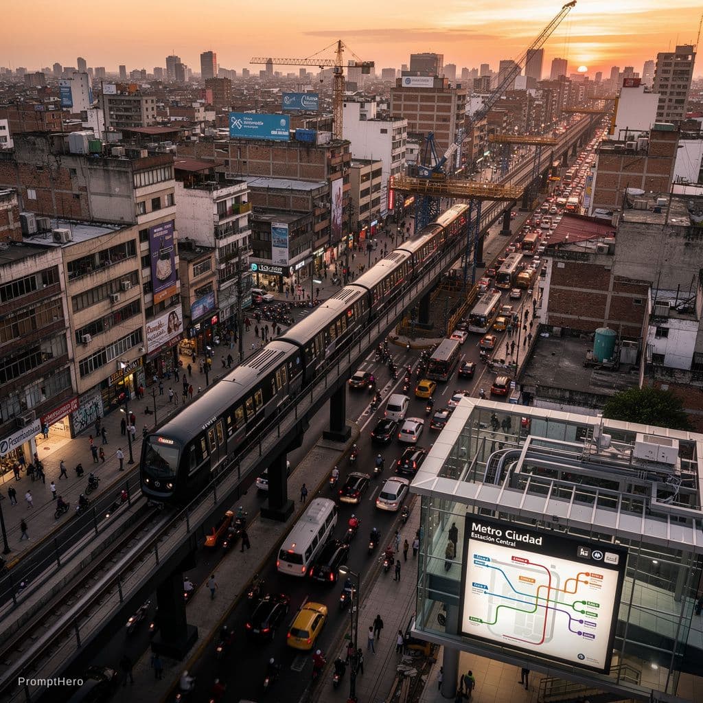 AI generated: una construcción de un metro en una ciudad bastante poblada, con un flujo vehicular alto, aéreo, col...