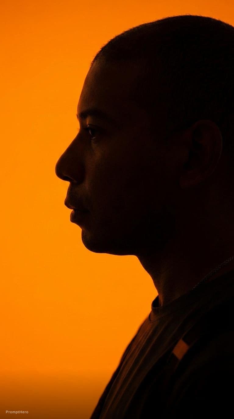 AI generated: photography, portrait of contrast, profile silhouette of a black man, vibrant orange backdrop, visua...