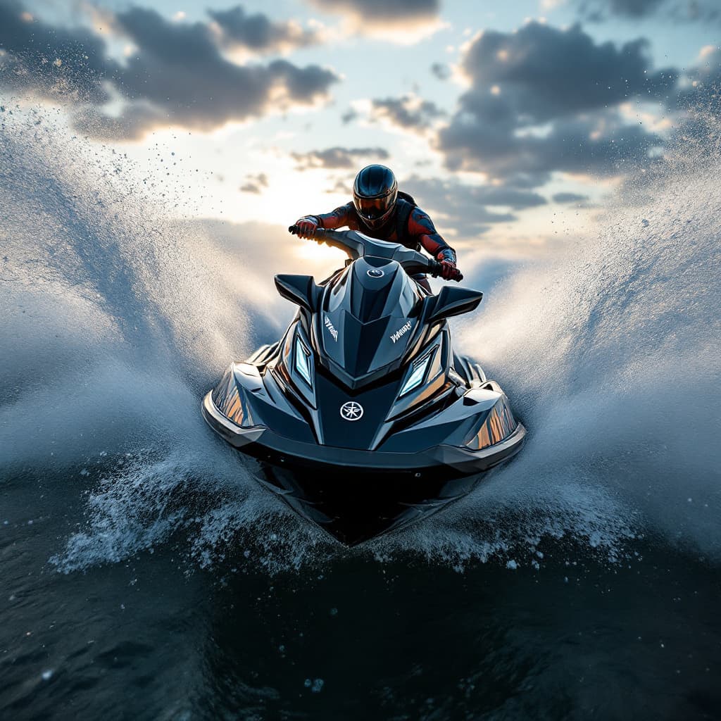 AI generated: photography, sports shooting, dynamic range, dynamic motion with yamaha fx svho jetski black in colo...
