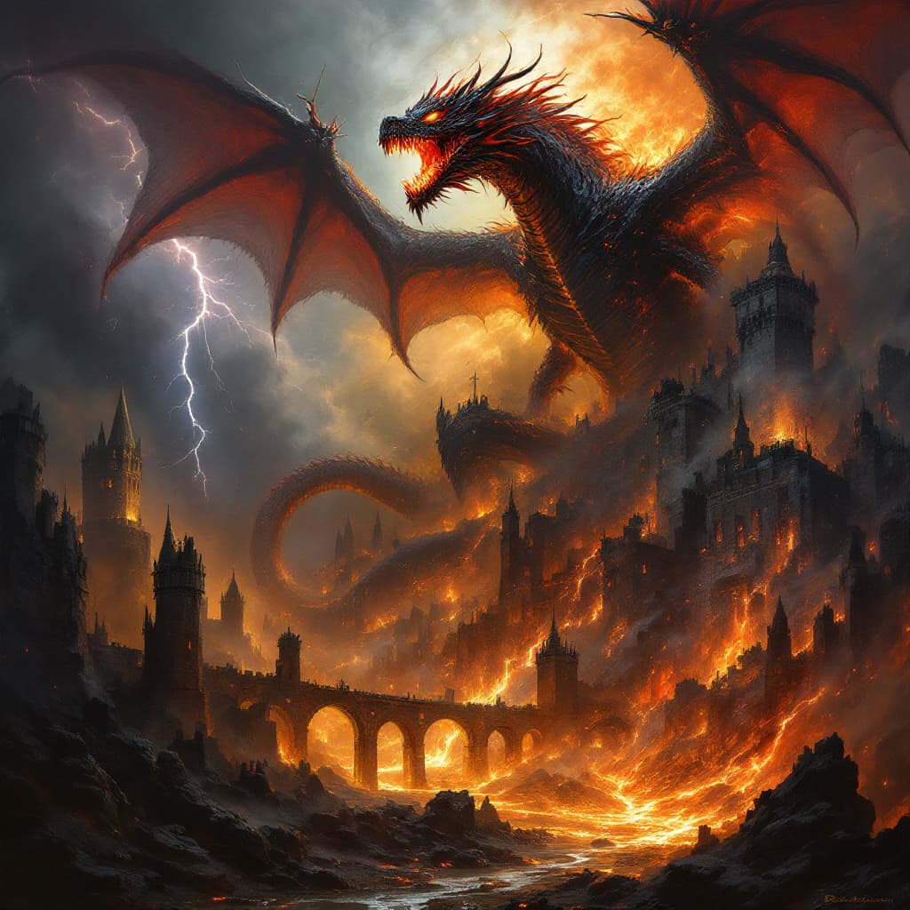 AI generated: A breathtaking oil painting of a massive, fire-breathing dragon towering over a ruined medieval city...