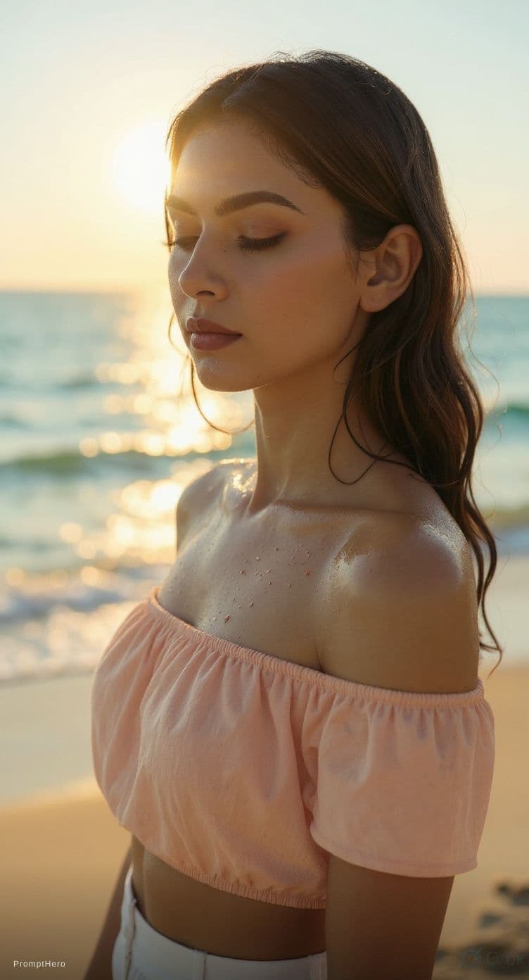 AI generated: A close-up, cinematic portrait of a woman's upper torso and lower face in profile, captured in warm,...