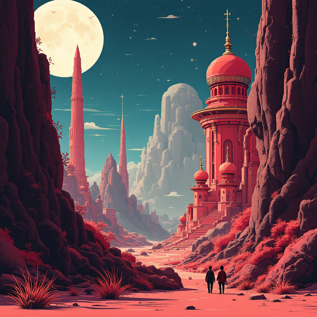AI generated: futuristic design, in a 2D flat composition, red tones, digital art in the style of Studio Ghibli --...