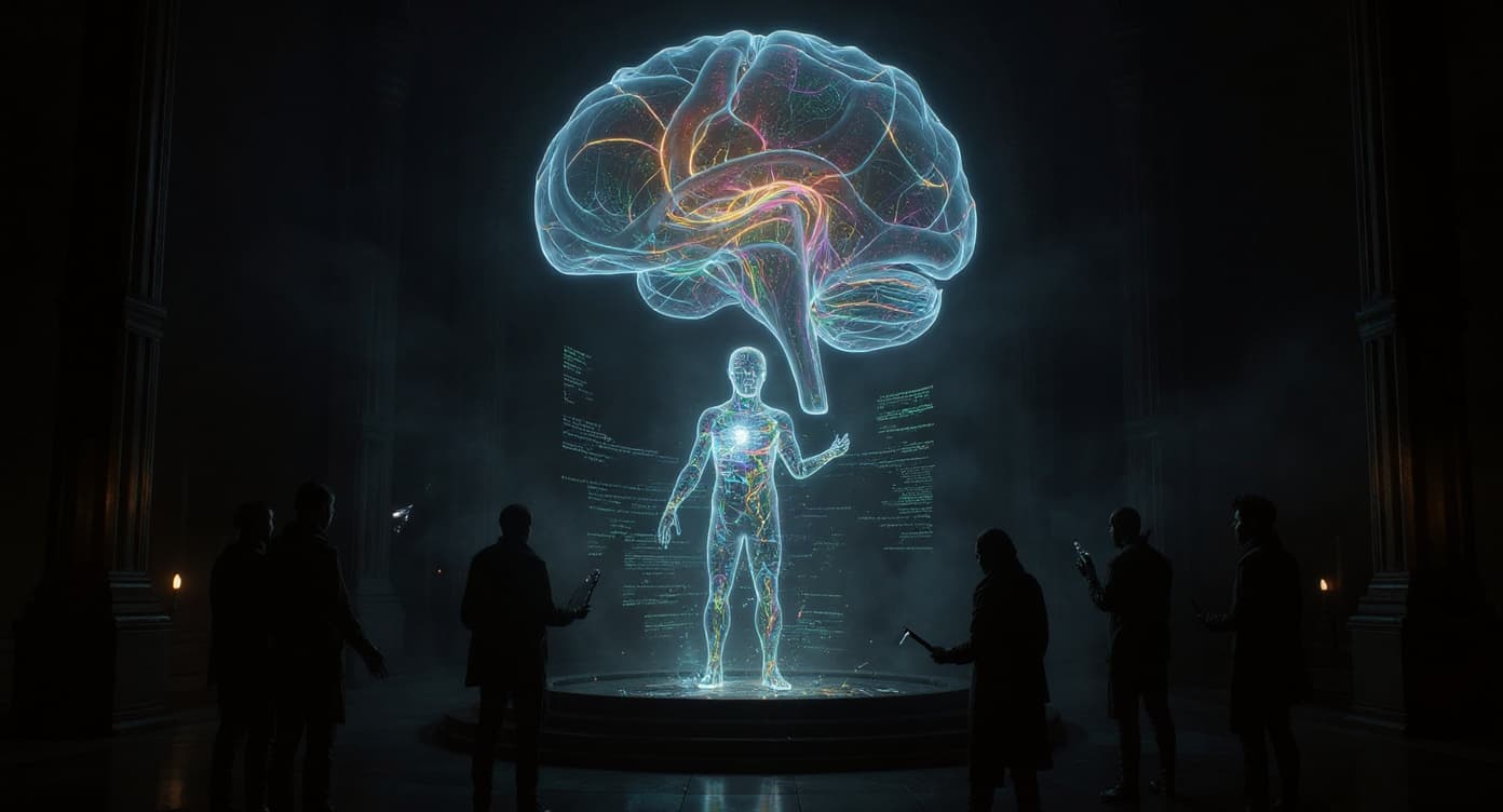 AI generated: Inside a dark futuristic art temple, a group of human artists observe a giant translucent brain floa...