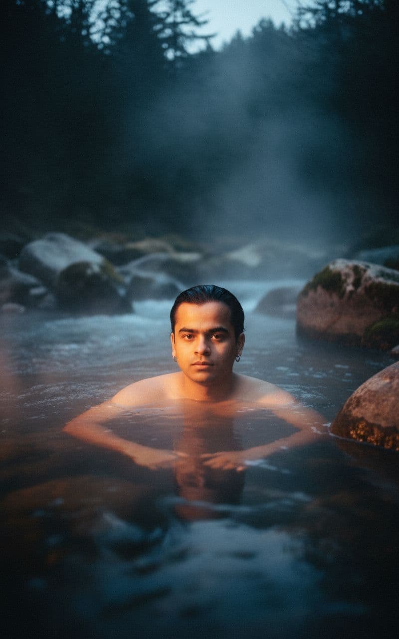 AI generated: hot spring in  a wild river flow, steam rises from the water, A handsome, stylish young man with. He...