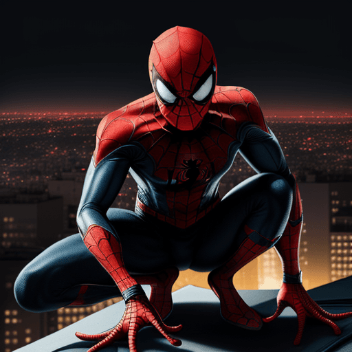 AI generated: high quality illustration, photo spiderman, superhero, black and red spiderman, crouching on a rooft...