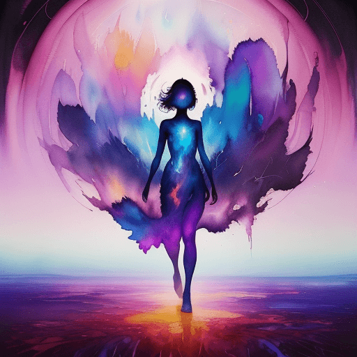 AI generated: Oil painting, Full body shot, person walking in an astral realm, magic background, crepescule, Beaut...
