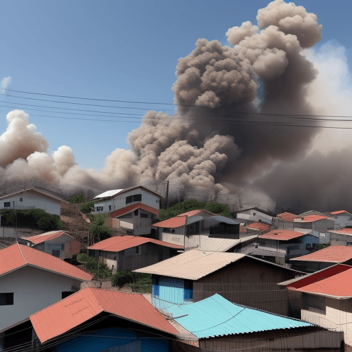 AI generated: faça uma casa pegando fogo na favela e uma multidão em volta, vista de cima. como se fosse um jornal