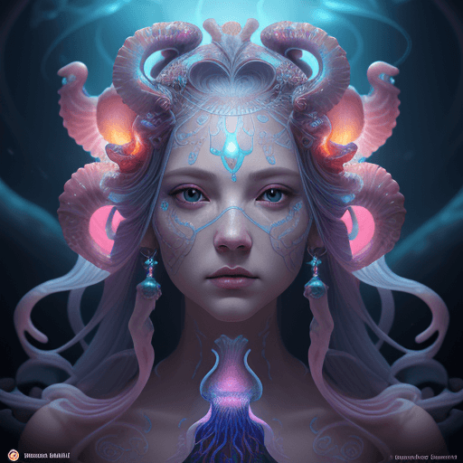 AI generated: Goddess close-up portrait ribcagel. jellyfish phoenix head, nautilus, orchid, skull, betta fish, bio...