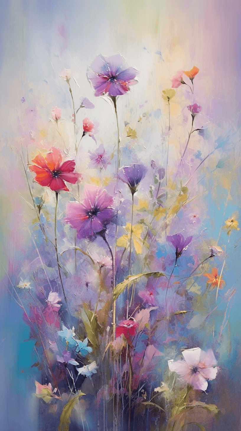 AI generated: Abstract painting of vibrant flowers with pink and purple petals and green stems around each delicat...