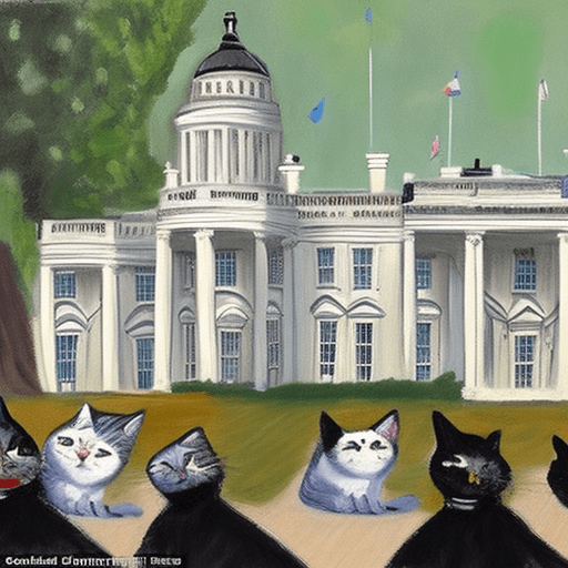 AI generated: The white house has been relocated to Alice in Wonderland. An army of cats is guarding the president...
