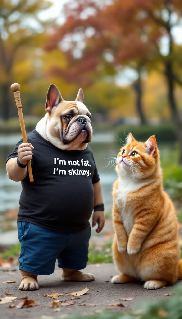 AI generated: Standing is a fat French bulldog with light brown and white fur, one drooping ear, and large express...