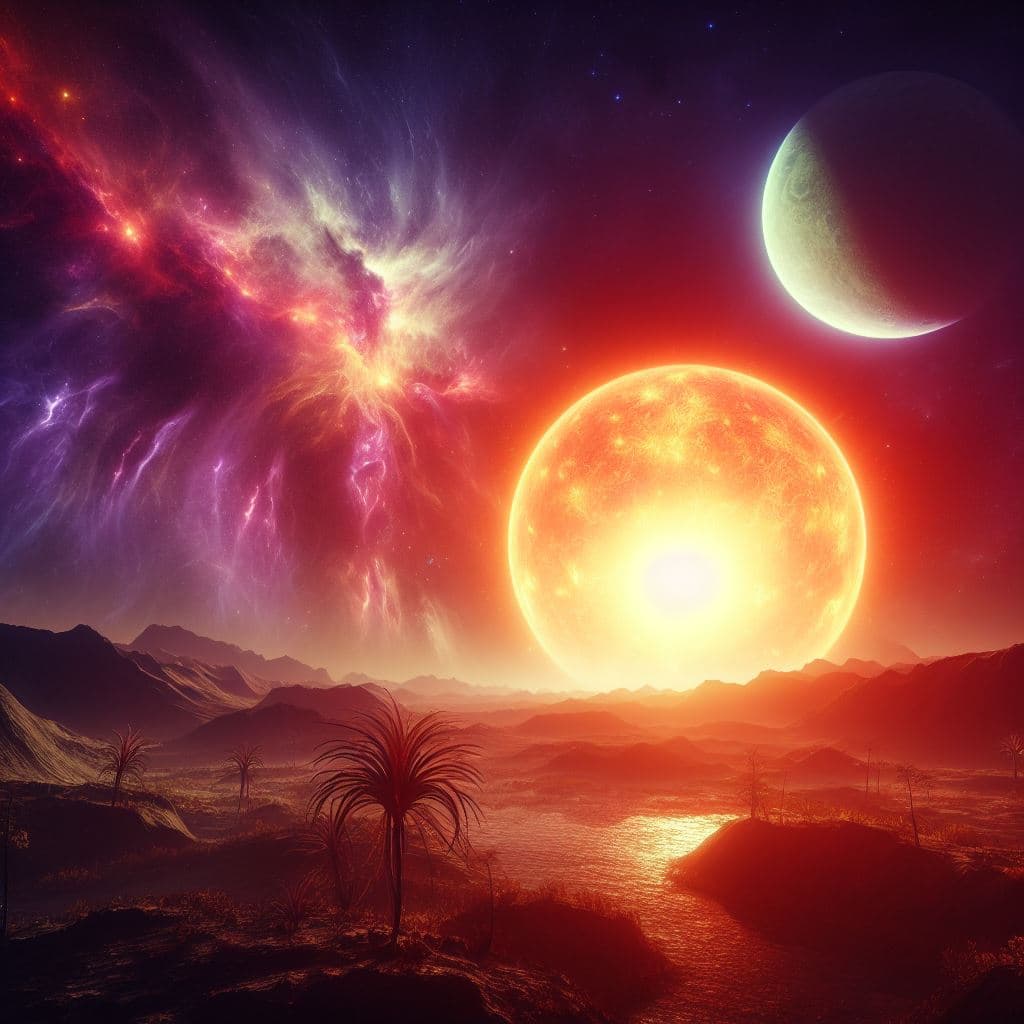 AI generated: Beautiful, high detailed Alien planet landscape with Alien fauna and flora,beautiful sky,nebulas,old...