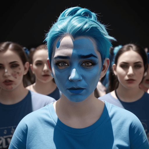 AI generated: a group of people with painted face and blue hair in front of a crowd of people in blue shirts,with ...