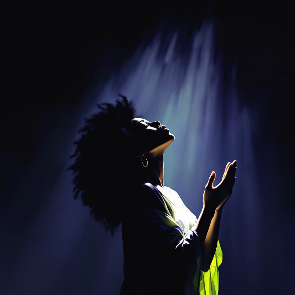 AI generated: A woman on afro hair, hands raised apart in veneration to the creator, standing sideways, head raise...