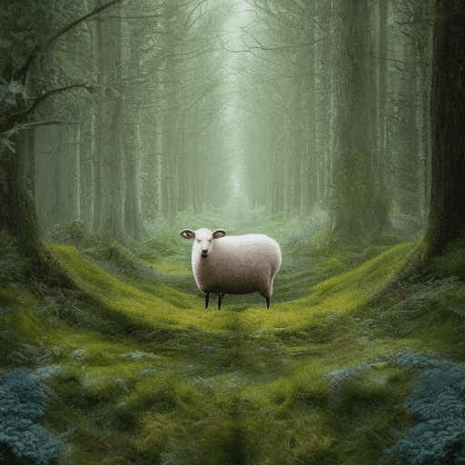 AI generated: A beautiful Forest mixed urban, One sheep ,
 with a two-point perspective
*very extreme long shot, p...
