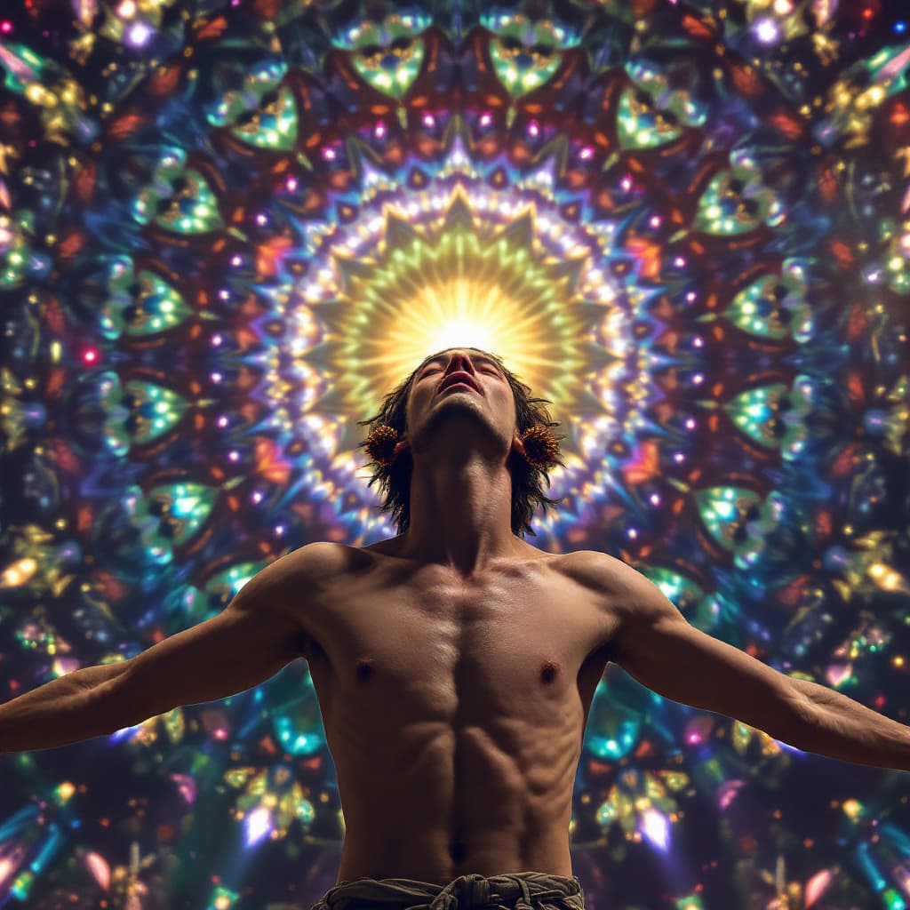 AI generated: a very skinny college age guy places pine cones in each ear, then takes off his shirt, outstretches ...