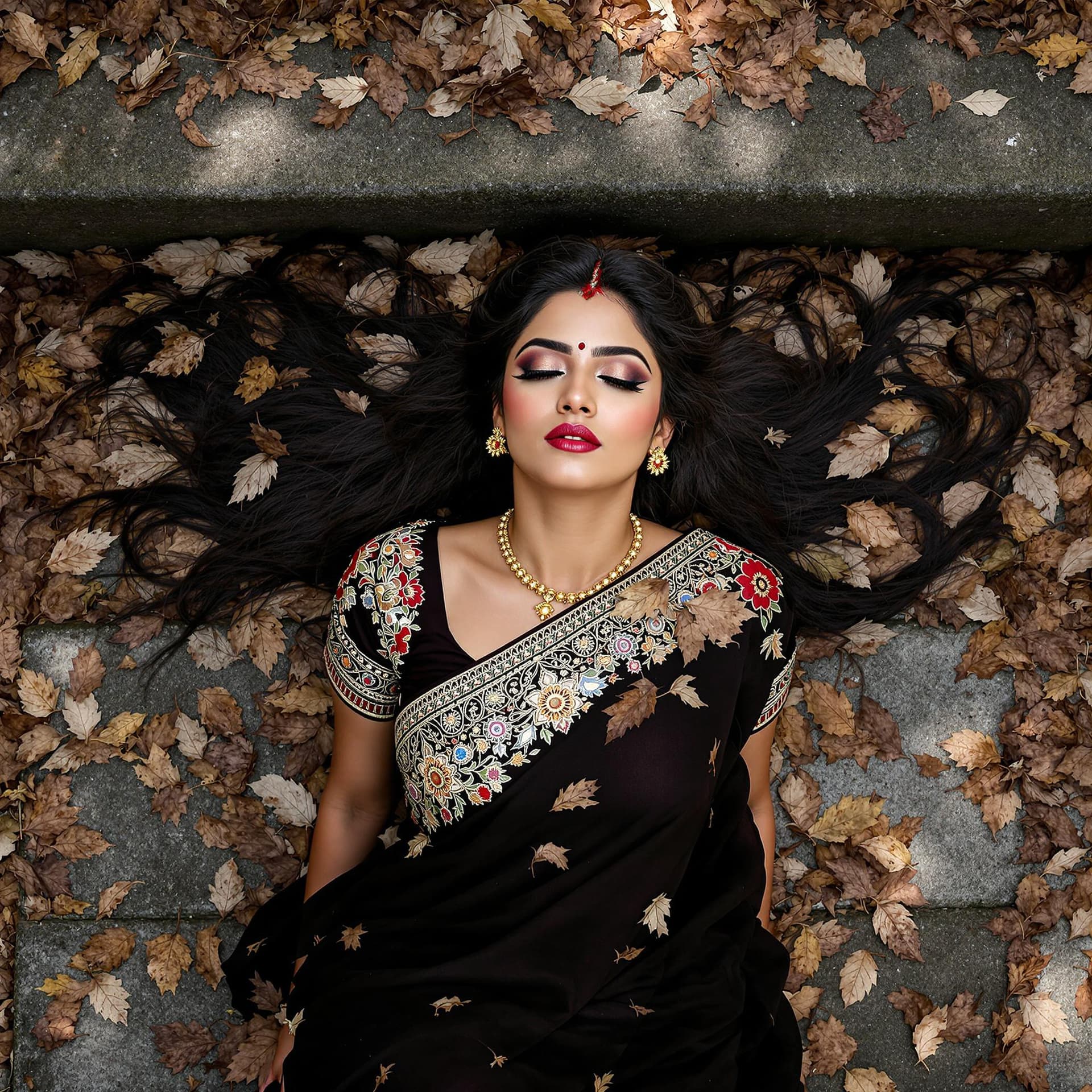 AI generated: a Kerala woman, from above, lying on old stone stairs in covered in dead leaves, Kerala Saree dress,...