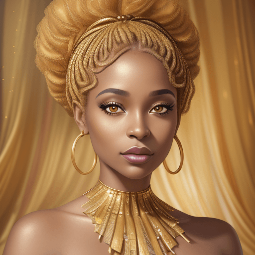 AI generated: a woman in a gold dress, an African American woman, with makeup and accessories,
 in photorealistic ...