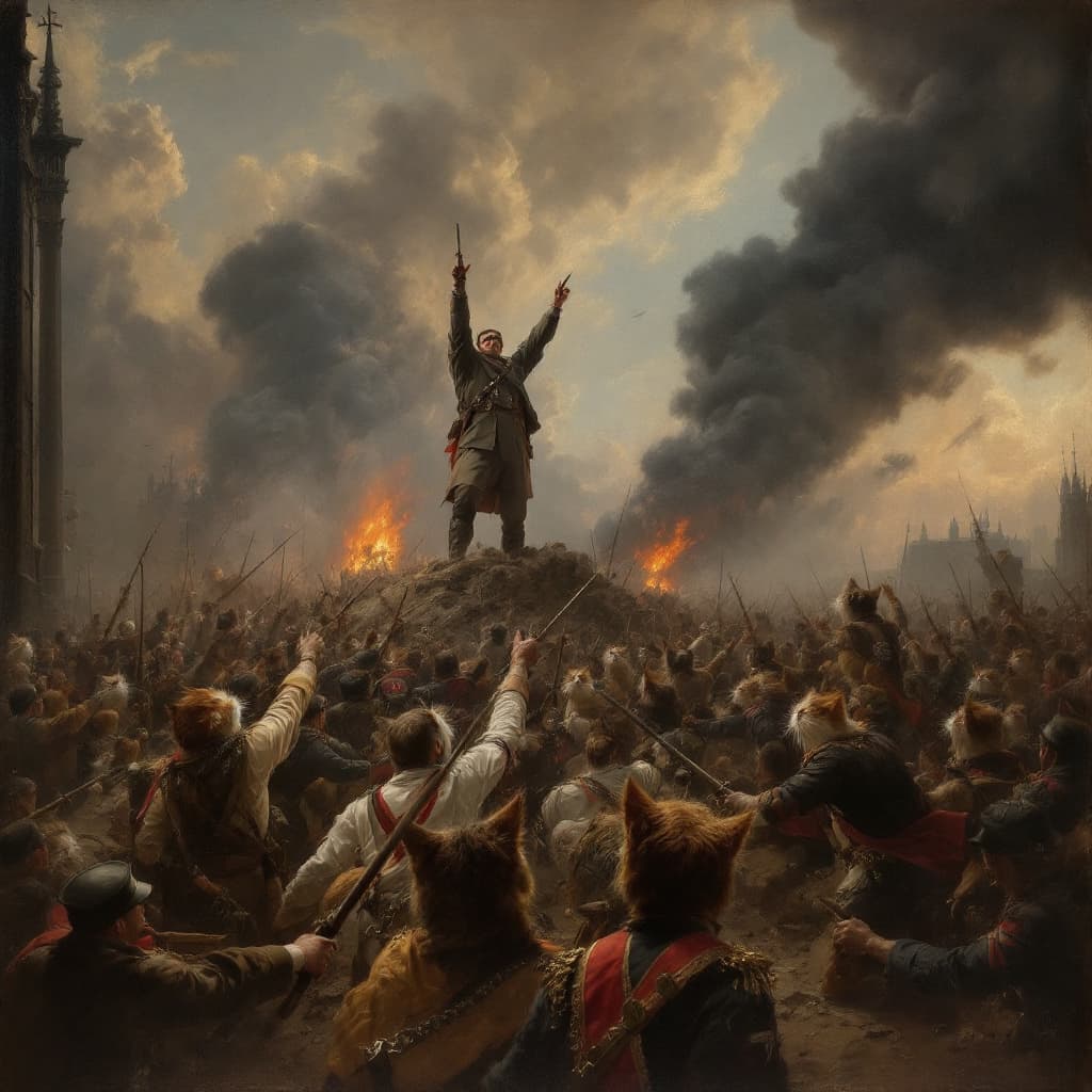 AI generated: A painting of Johannes Vermeer depicting the victory of the cat army over the Nazi's in Berlin durin...
