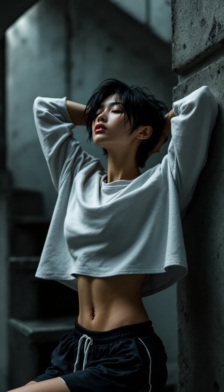 AI generated: High fashion half body photo of a young asian female supermodel, very thin, small breast, flat chest...