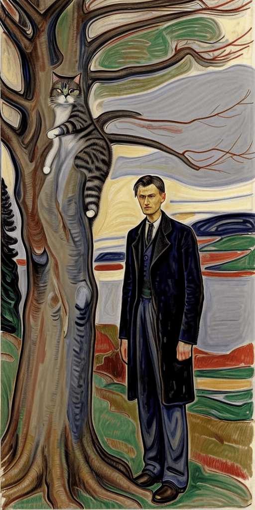 AI generated: Full height side view Portrait of man Edvard Munch standing near a tree and looking at the cat sitti...