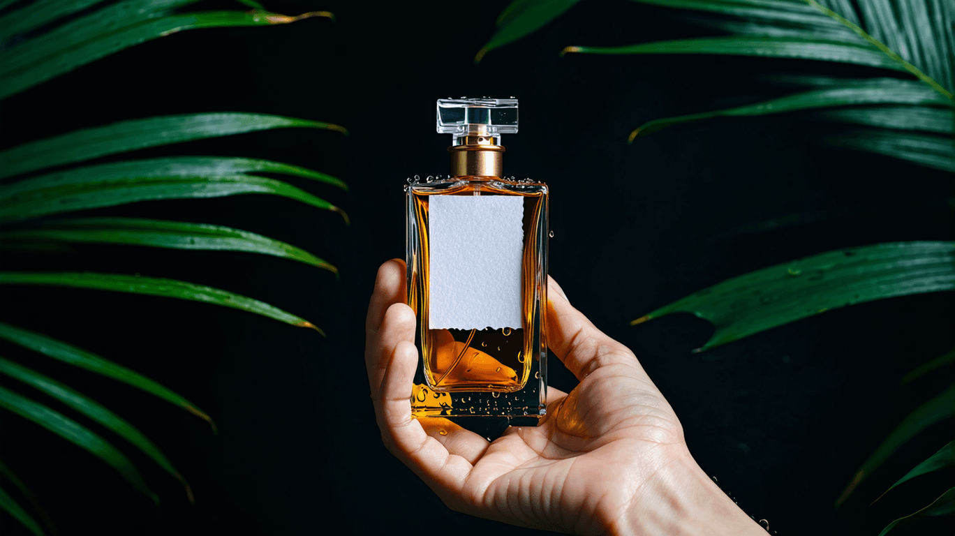 AI generated: High resolution photography of a hand holding from the bottom a luxury perfume bottle with wet paper...