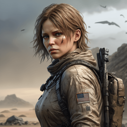 AI generated: A futuristic scifi post apocalyptic dystopia, of a female us scientist wearing flight overalls, amer...