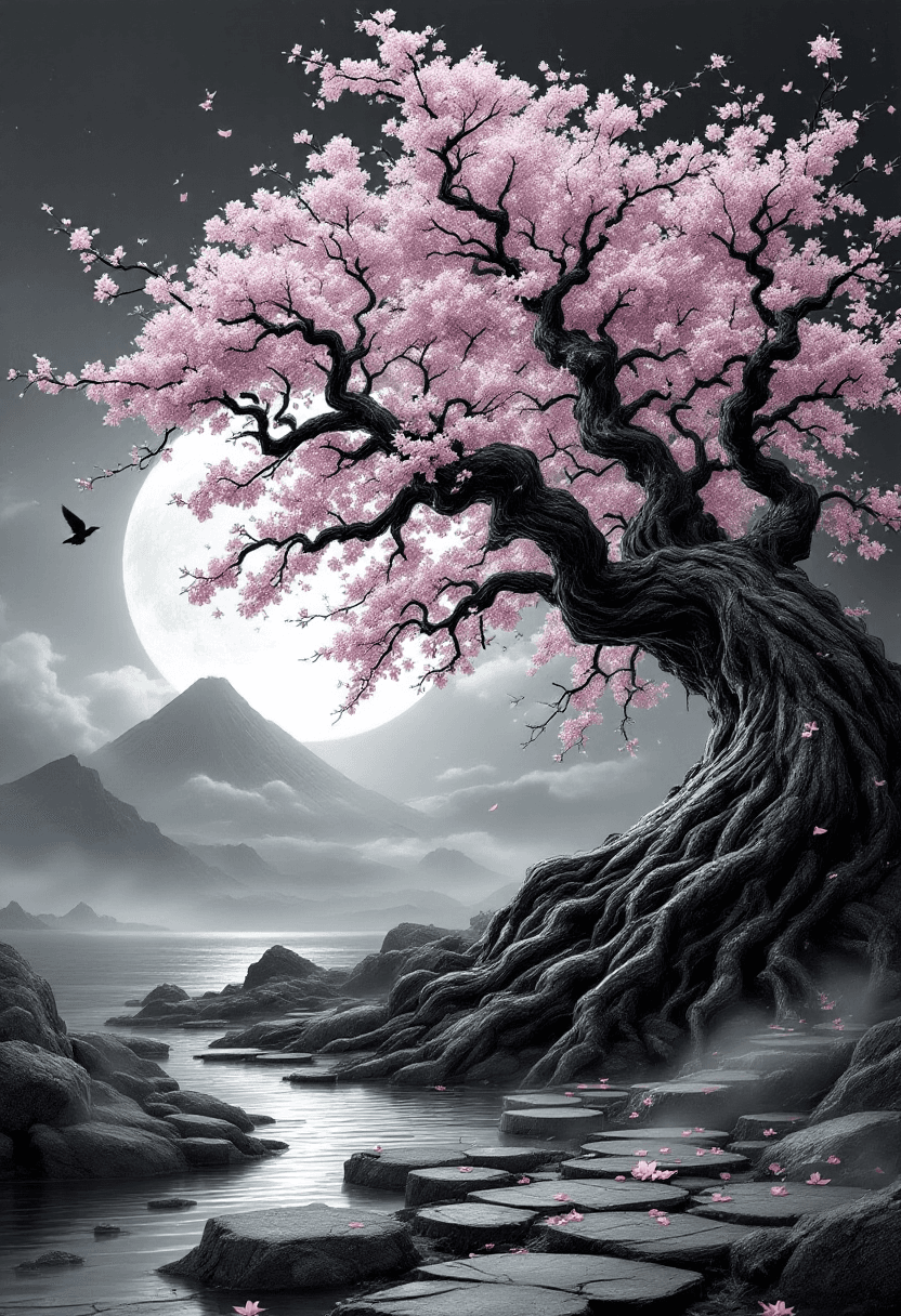 AI generated: An ancient, gnarled sakura tree with twisted trunk (hyper-detailed bark: deep grooves, lichen patche...