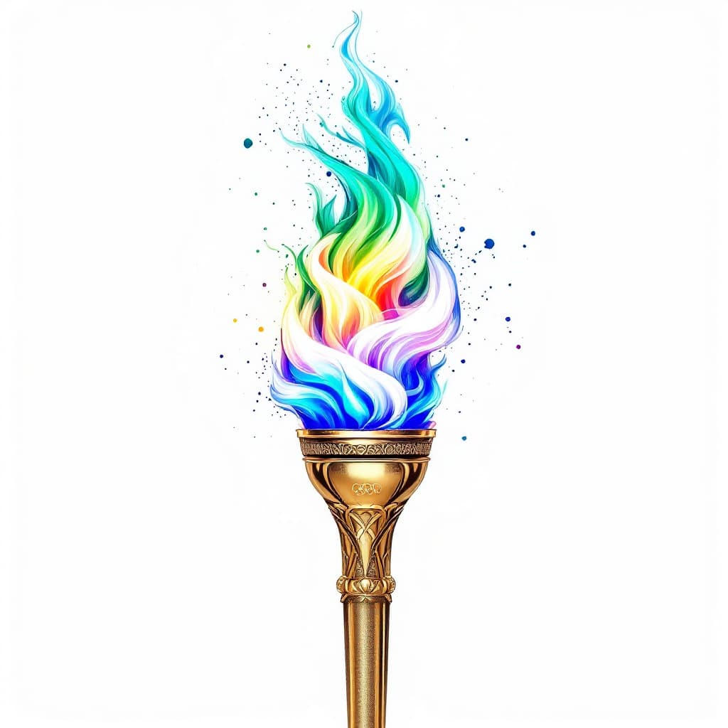 AI generated: a golden Olympic torch with flames flowing horizontally in green, white, and blue ,embedded inside t...