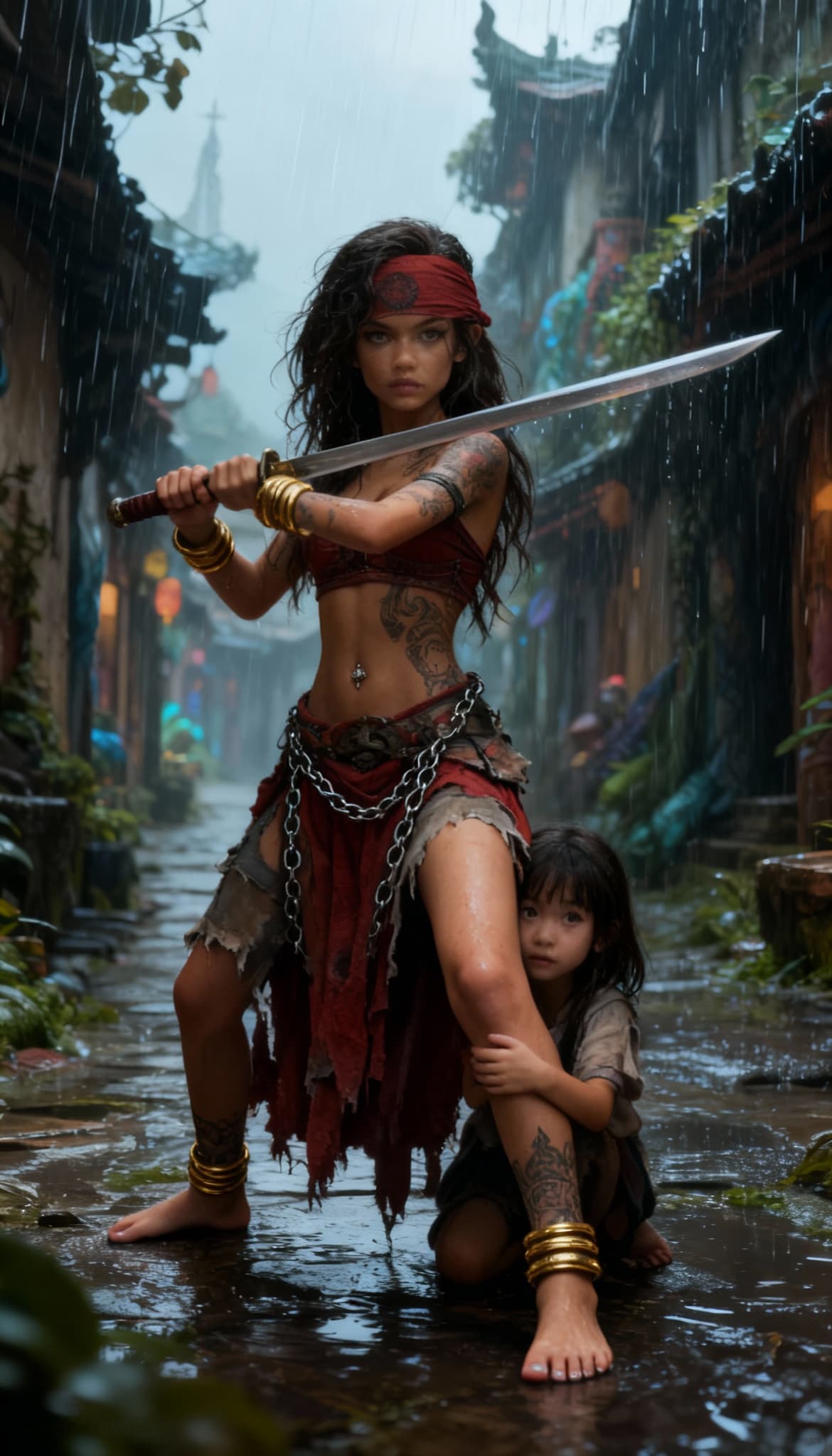 AI generated: freepik_@img2, barefoot, serious expression in guard position with sword held in two hands an 11 yea...