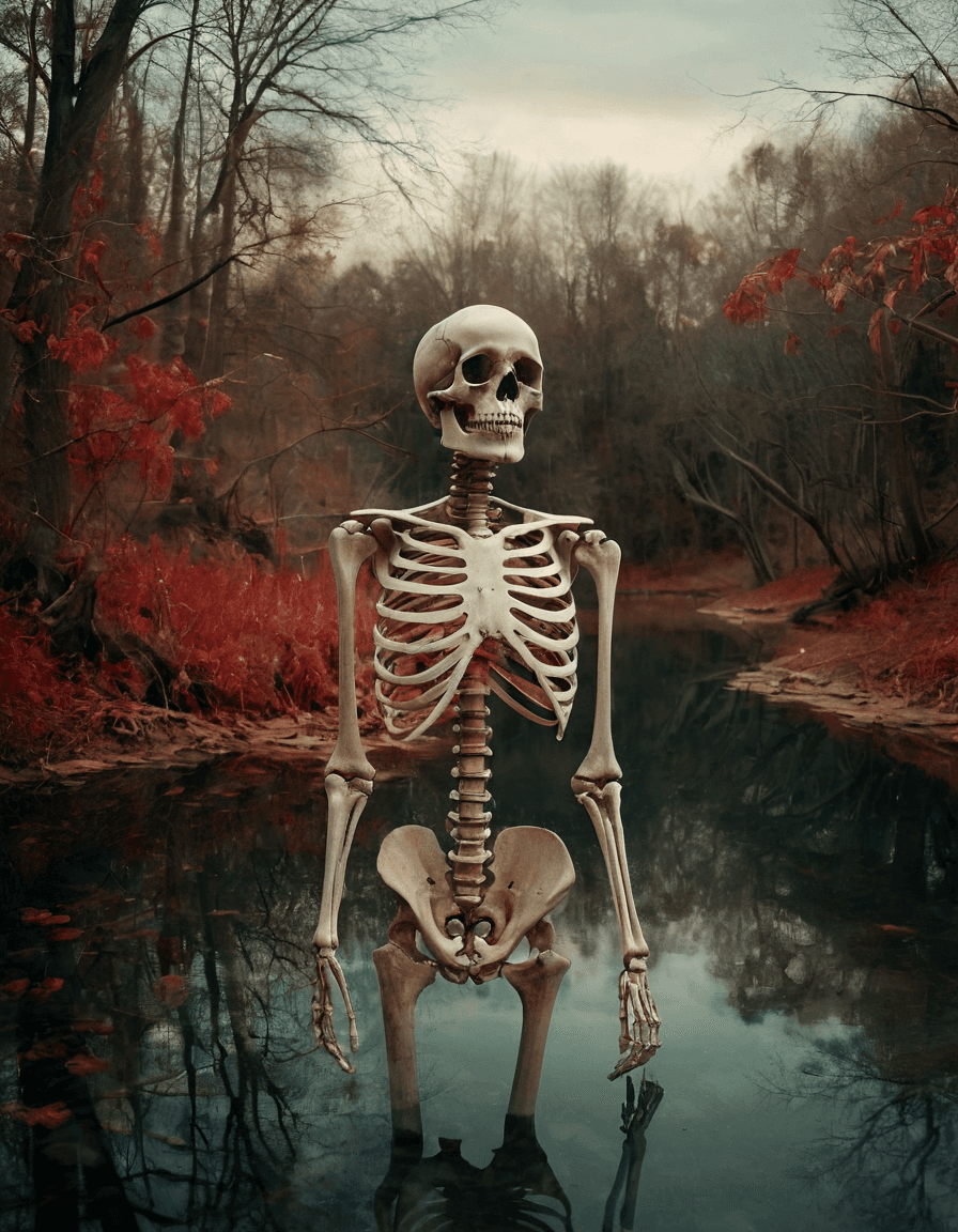 AI generated: A sad skeleton, rendered in the style of prismatic portraits, with translucent layers of red and mut...