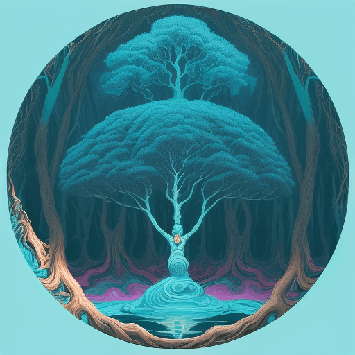 AI generated: surrealist rendering of a large circle of a person above a tree in an image, in the style of vibrant...