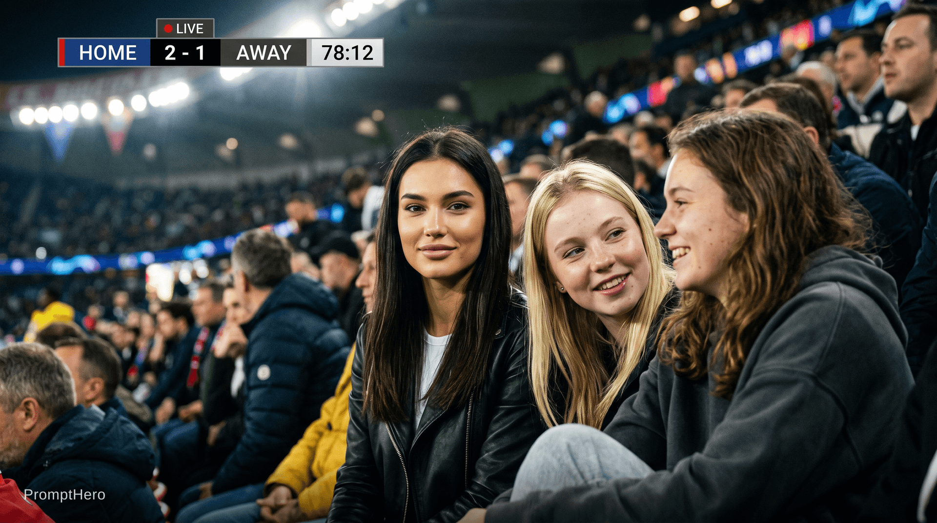 AI generated: three girls sitting in a football stadium crowd during a live match, realistic TV broadcast camera, ...