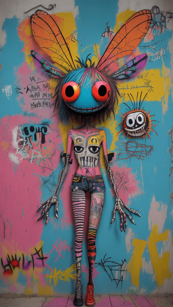 AI generated: graffitied on the wall invision my imaginary friend a Absurd Embroidery bird head spider legs red or...