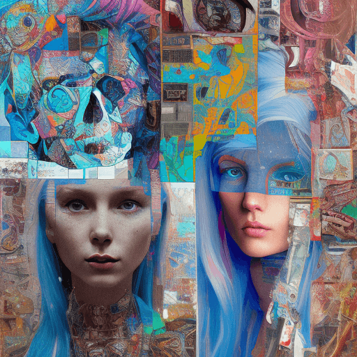 AI generated: Radusha 07.09.1981 aniversery woman with blue hair, in the style of multi-layered collages, edgy str...