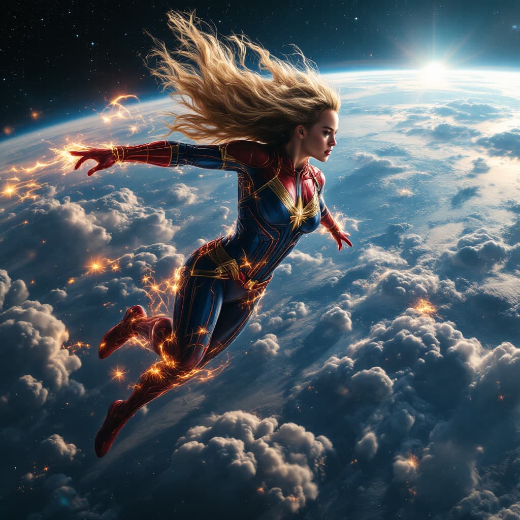 AI generated: cosmic giantess captain marvel brie larson floating through space, looming over the earth, observing...